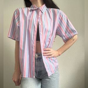 Foxcroft Pink and Blue Striped Button Down Shirt